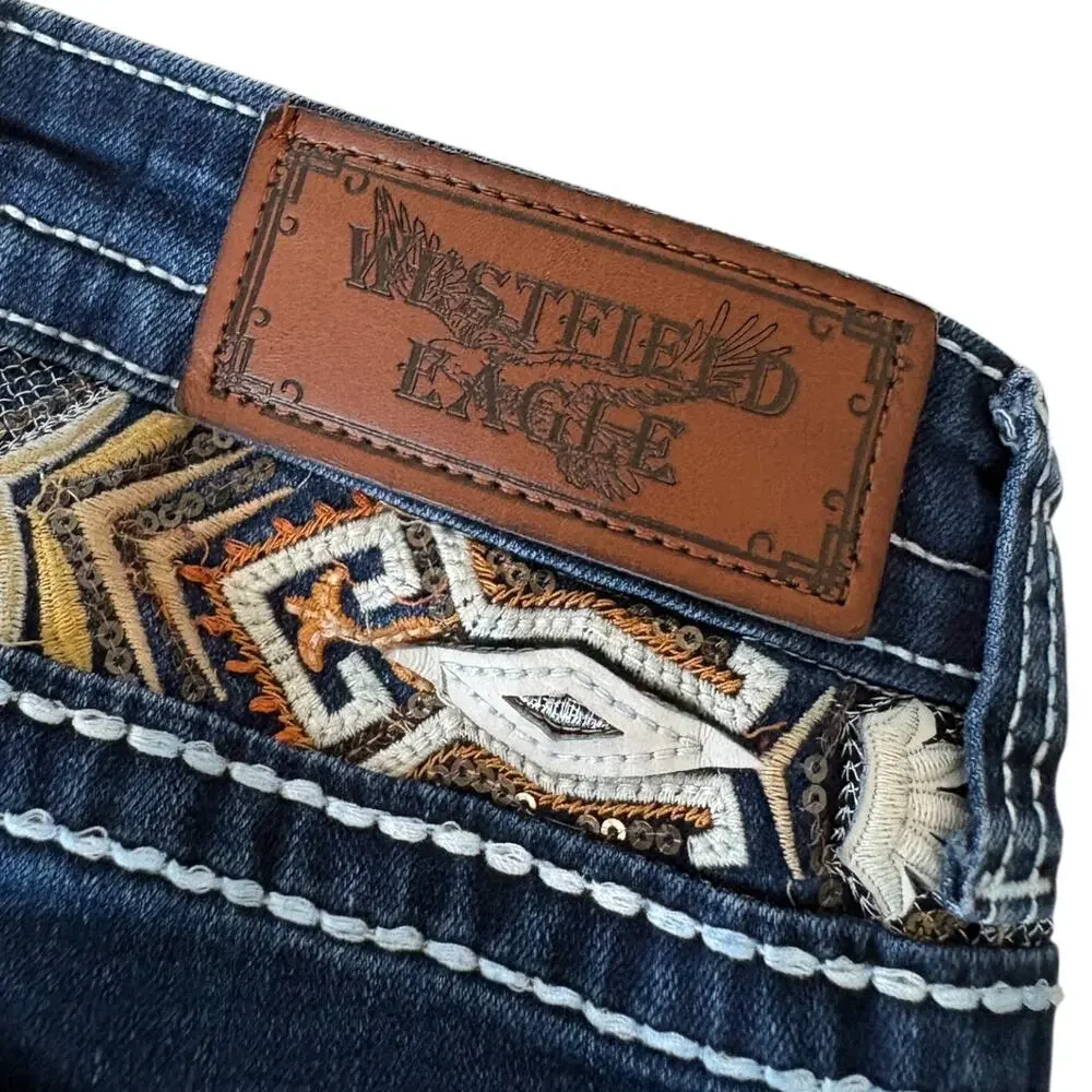 Y2K Westfield Eagle Jeans Junior 7 Bootcut Mob Wife Bling Embellished Denim Blue